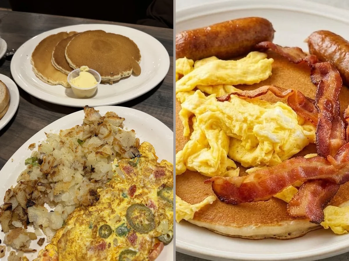 Breakfast plates in an old-school dining room
