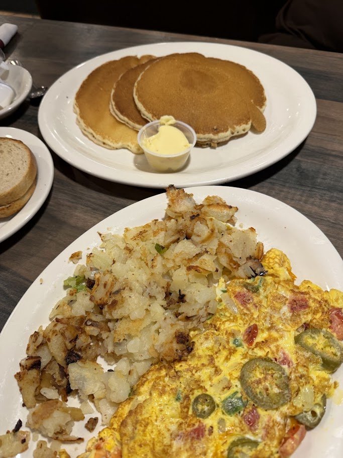 Breakfast plates in an old-school dining room