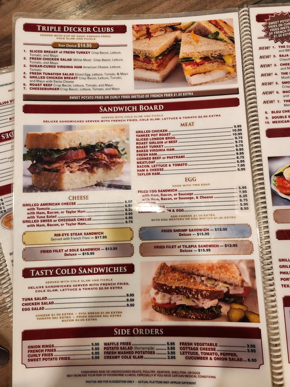Menu page with breakfast and sandwich sections