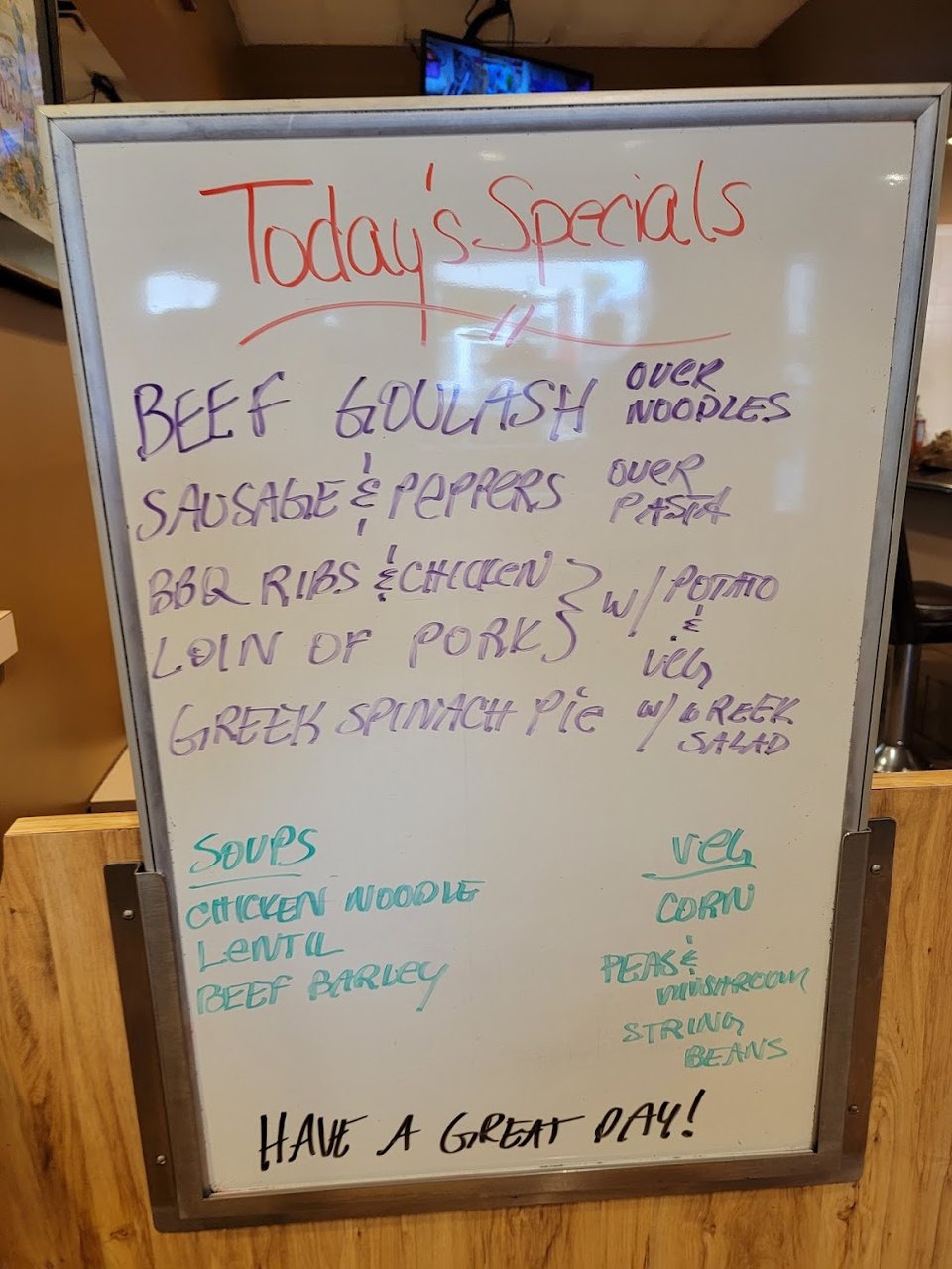 Menu listing seafood, eggs, and beverages